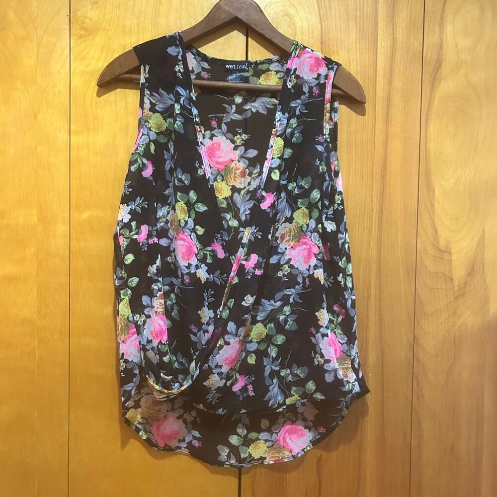 Vintage Wet Seal Y2K Sheer Black Floral Sleeveless Blouse-Sz L-Fairy-Boho‎
